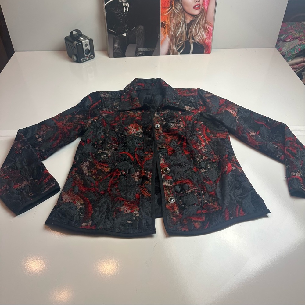 Black Crimson Brocade Tapestry Jacket | Gothic Romantic Artwear Coat - Picture 9 of 10